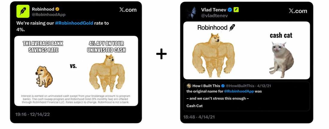 Robinhood and Vlad Tenev posts on X using the Swole Doge meme template
